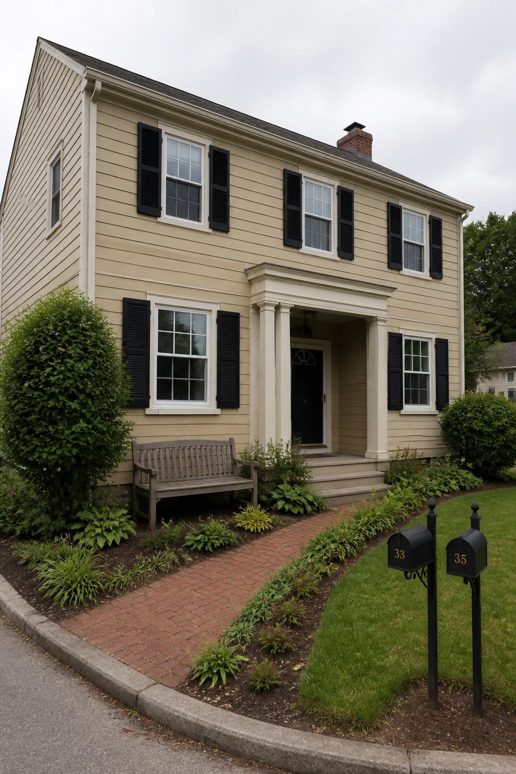 Two-story beige house with black shutters, white columns, brick path, and mailboxes.