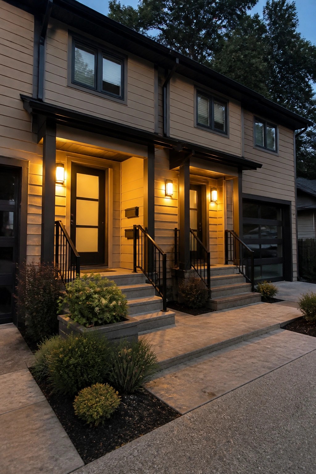 A two-story house with beige siding, black trim around windows and doors, and lit entry porches with concrete steps.