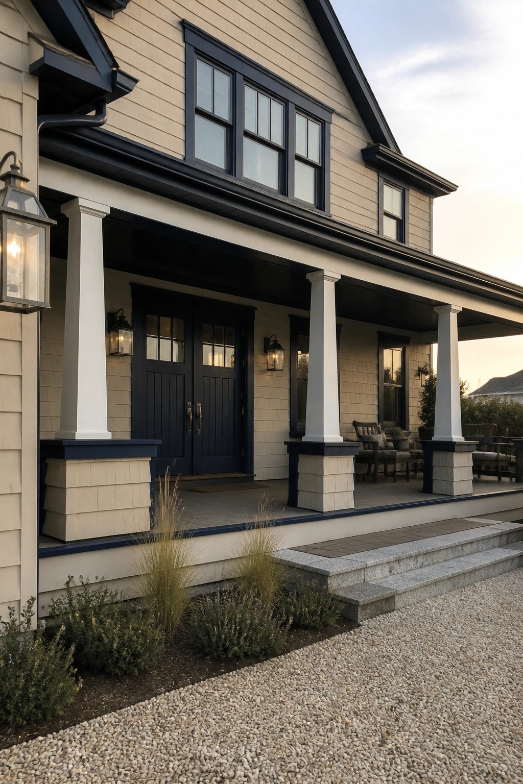 A two-story house with beige siding, dark navy trim and doors, white porch columns, and a gravel driveway in front.