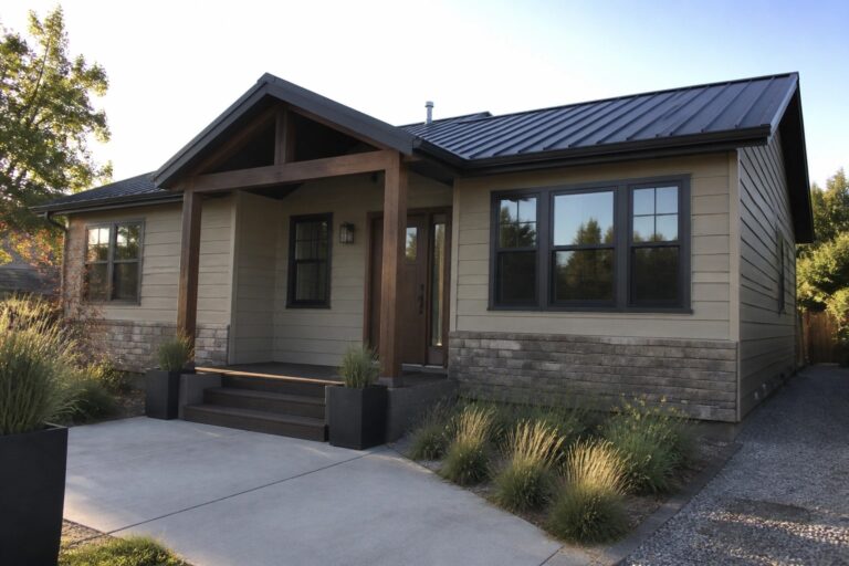 Front view of a single-story house with beige horizontal siding, a dark metal roof, wooden porch posts, and a stone foundation.