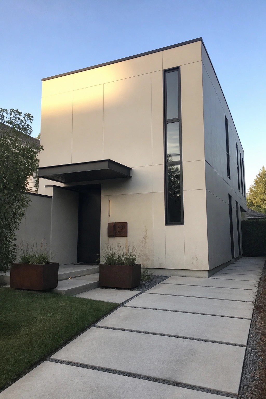 Modern two-story house with light facade, tall windows, dark entrance, and concrete walkway.