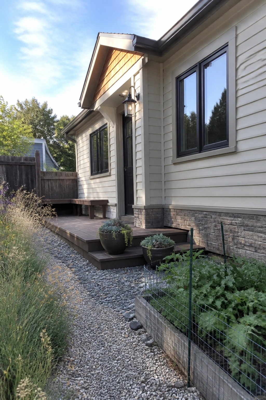 Beige house with porch, potted plants, gravel path, and raised garden bed.