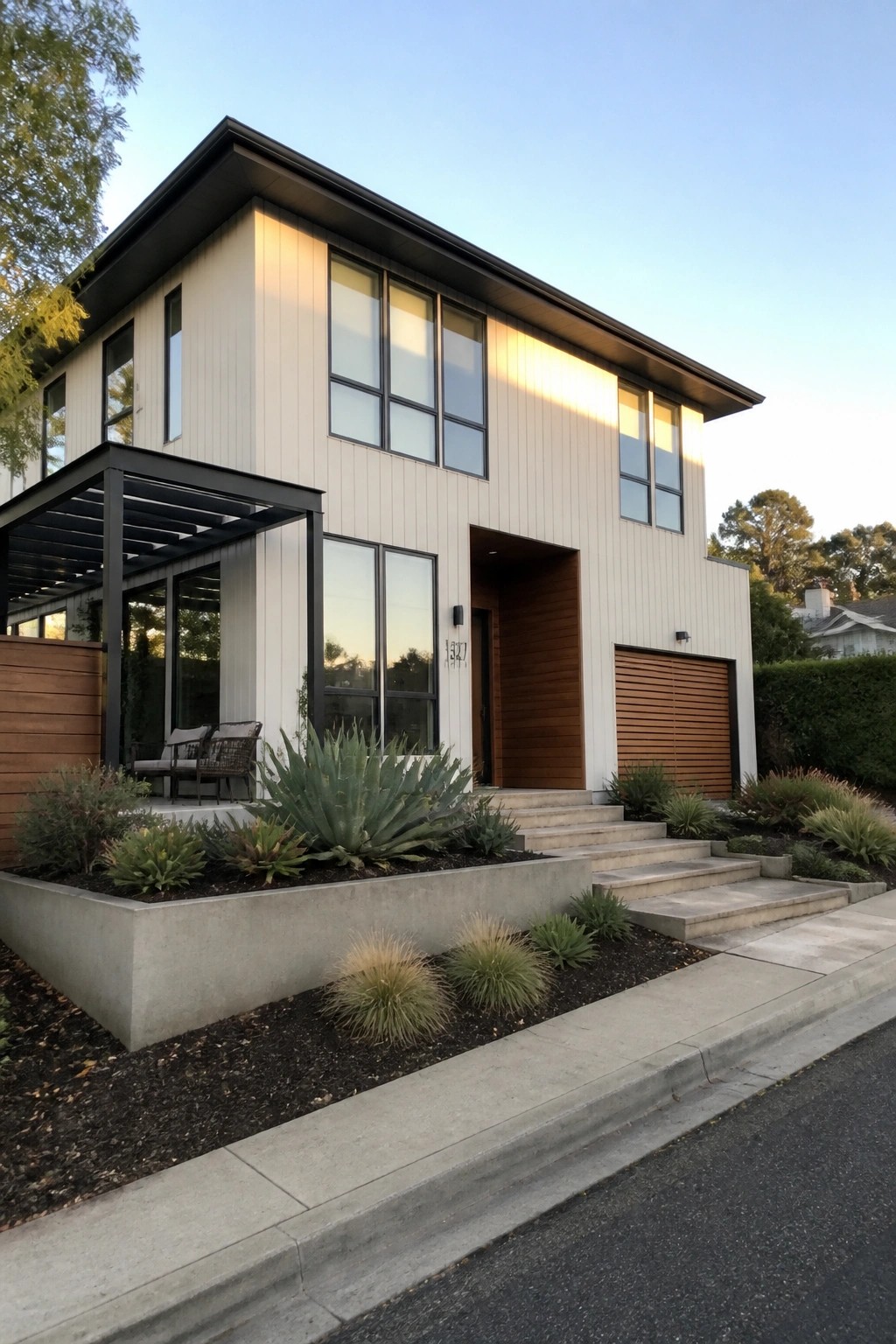 A two-story modern house with beige vertical siding, black window frames, a wood garage door, and a covered entry area, with concrete steps and front landscaping.
