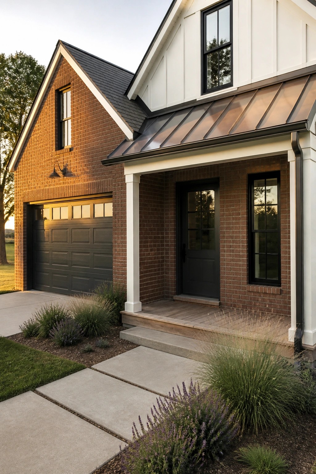 Dark charcoal gray garage door on a red brick house exterior.