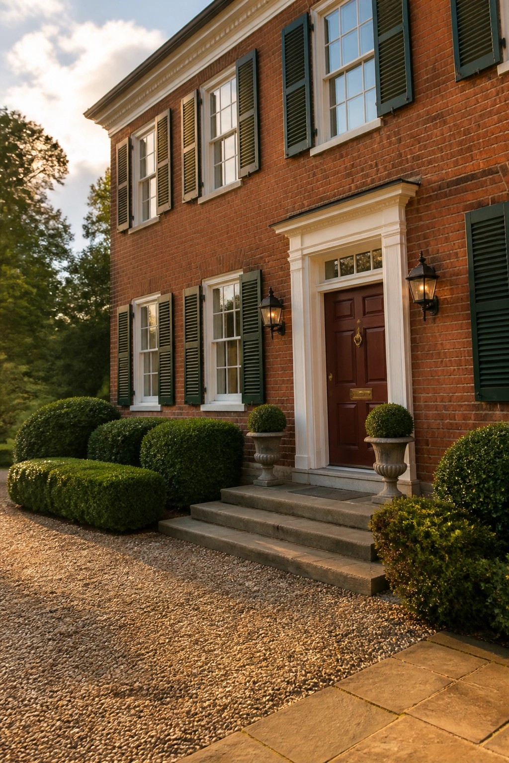 Red brick house with green shutters, red door, stone steps, and manicured shrubs.