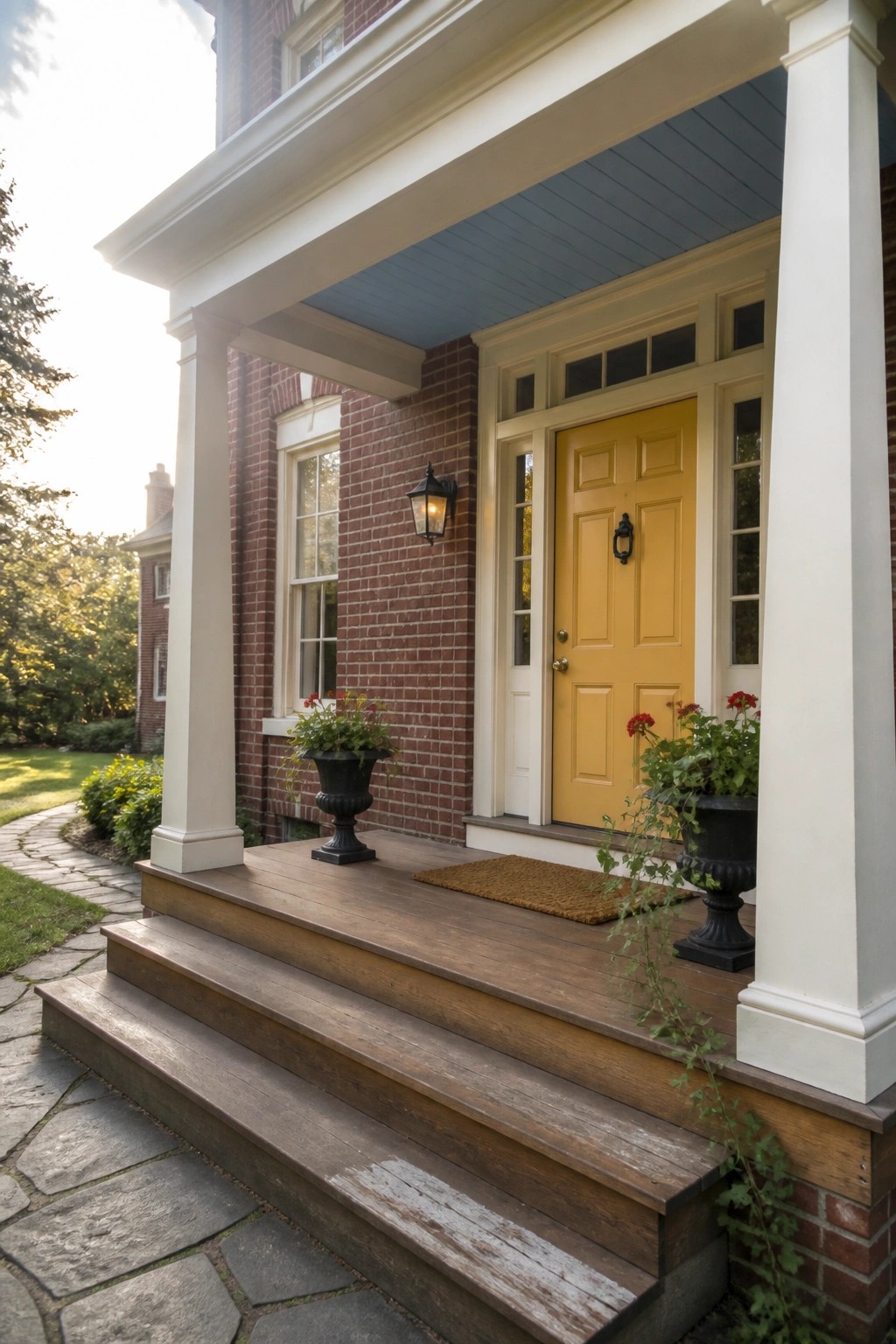 A bright yellow front door with white trim on a red brick house porch.