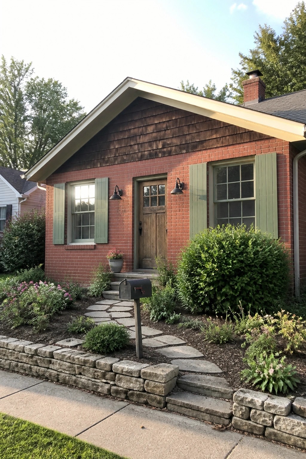 Green shutters and trim on a red brick house exterior.