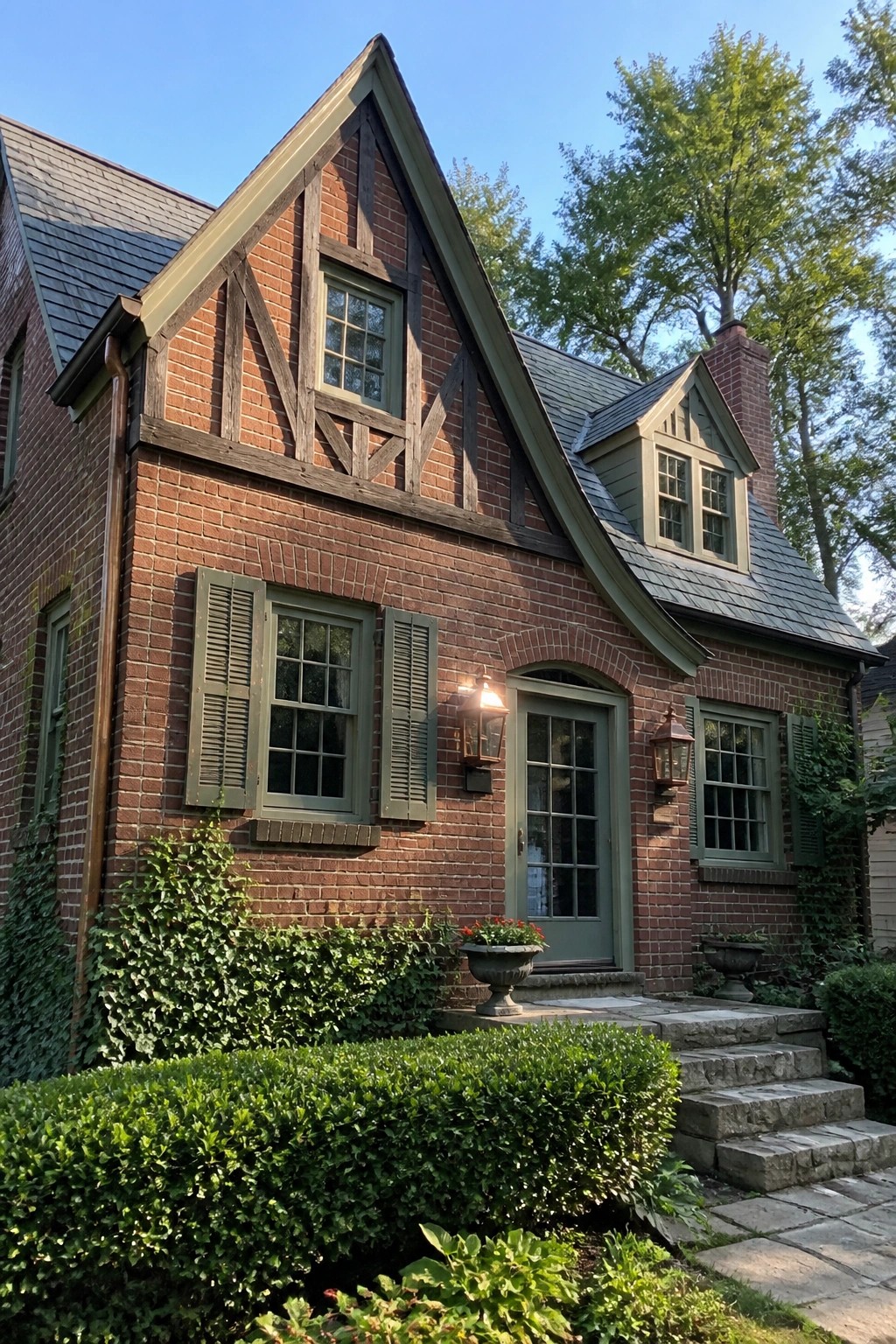 Red brick Tudor cottage with green shutters, timber framing, and stone steps.
