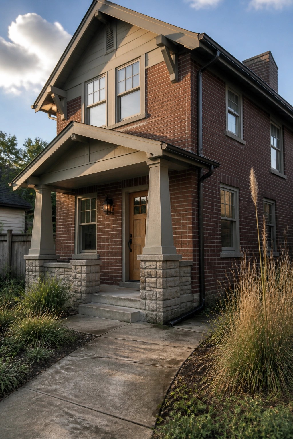 Two-story red brick house with covered porch, columns, and curved walkway