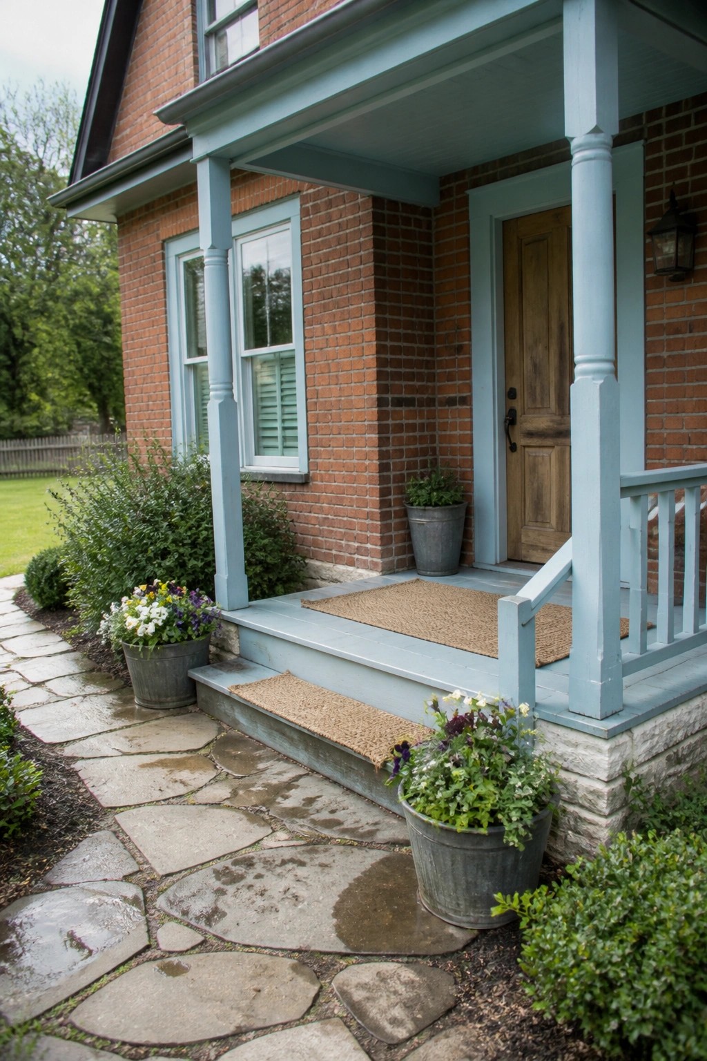 Brick house with light blue porch, wooden door, potted plants, and stone path.