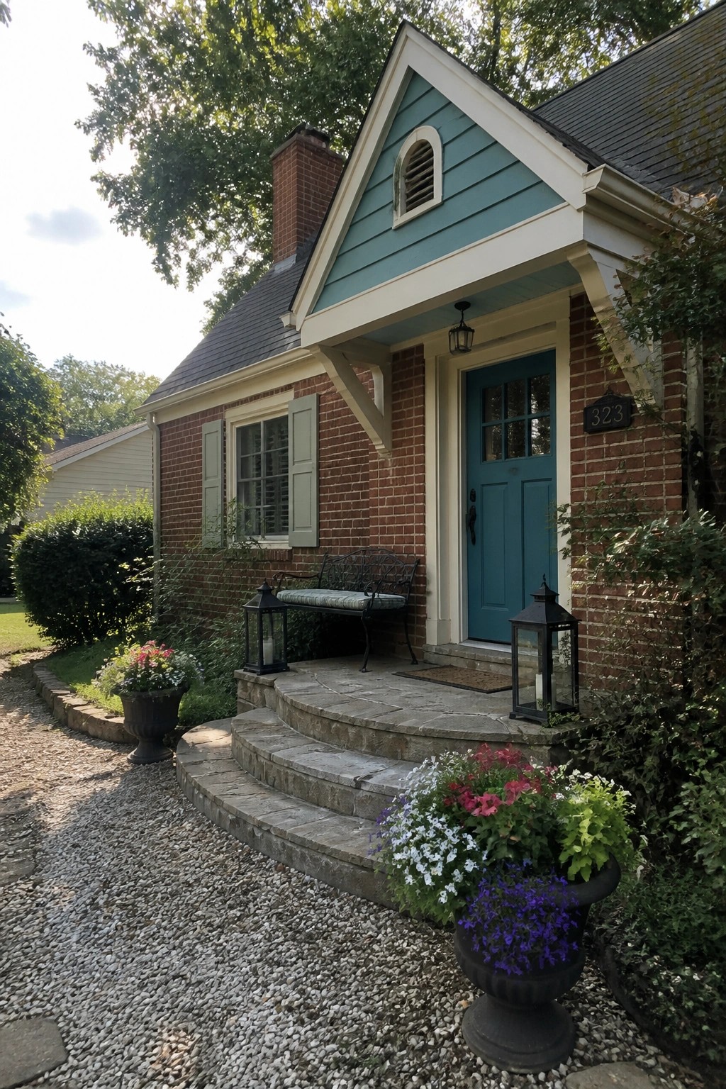 Red brick house exterior with soft teal siding and a matching front door.