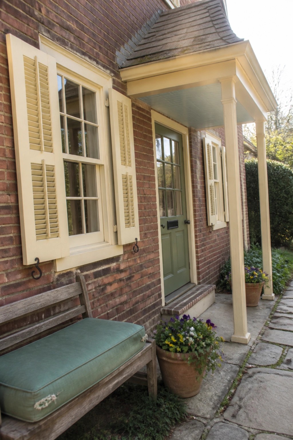 Cream painted trim and porch columns on a red brick house exterior.
