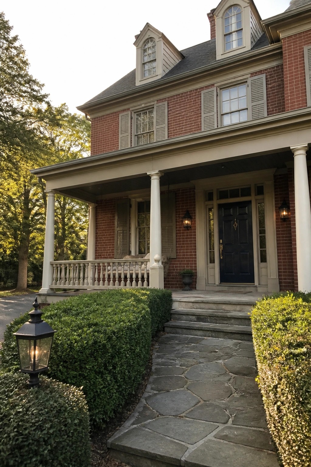 Warm greige paint used on the porch trim and columns of a red brick house.