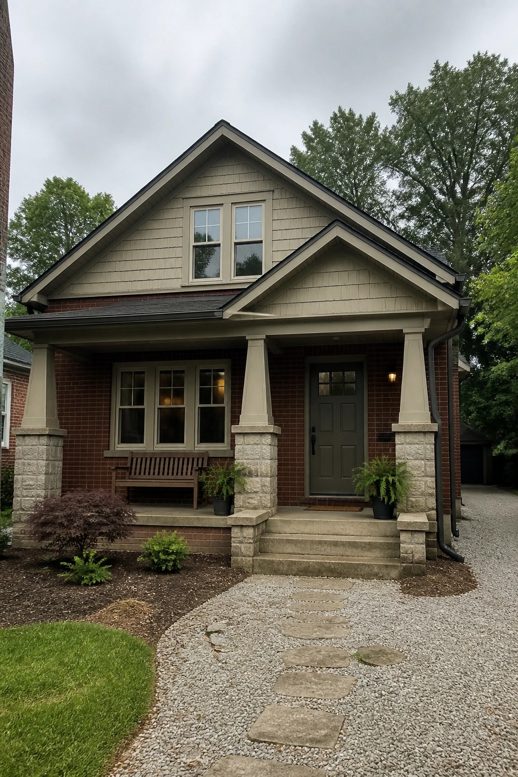 Light taupe paint covers the siding and trim on a red brick house.