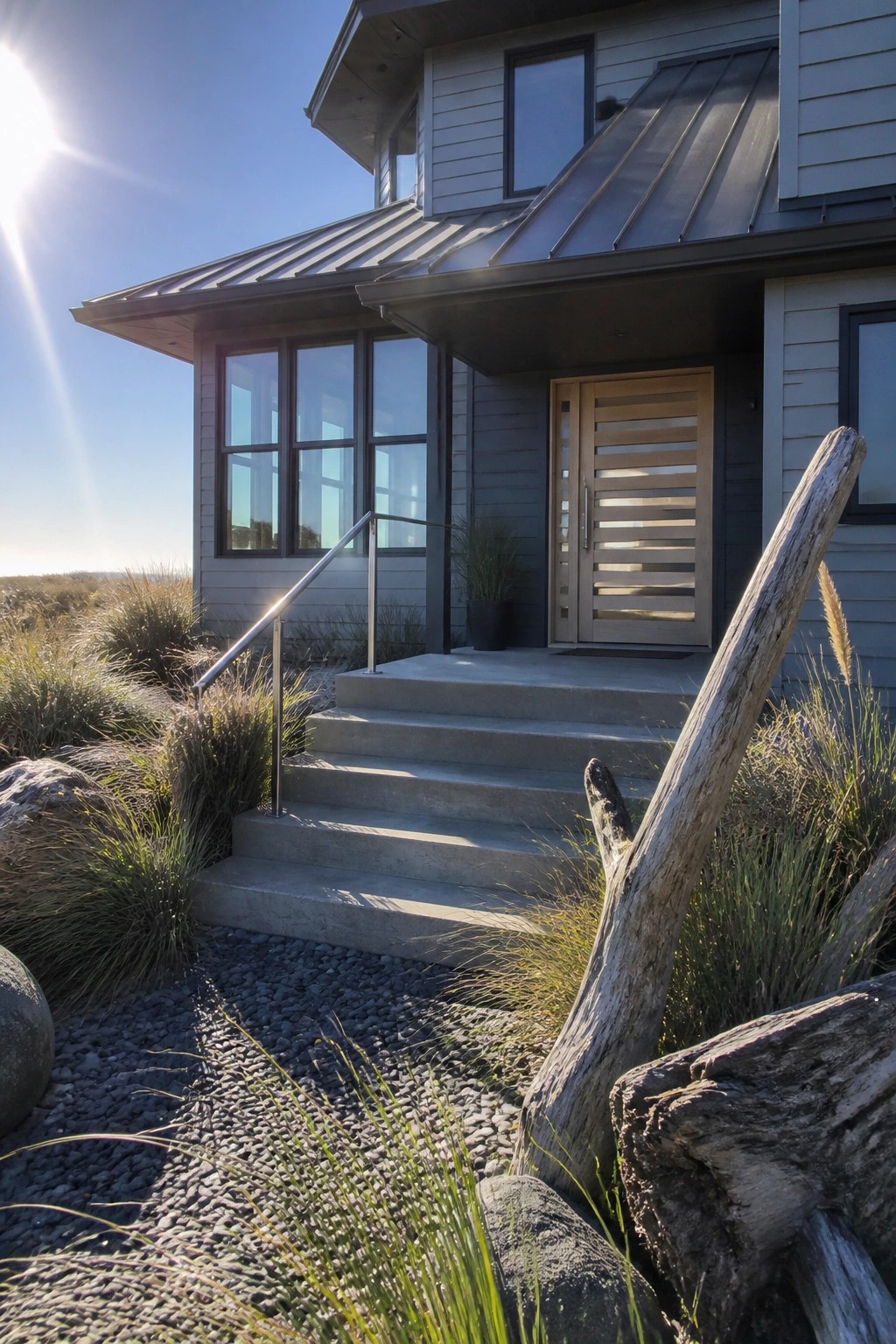Modern gray house with metal roof, concrete steps, and wooden door in sunlight