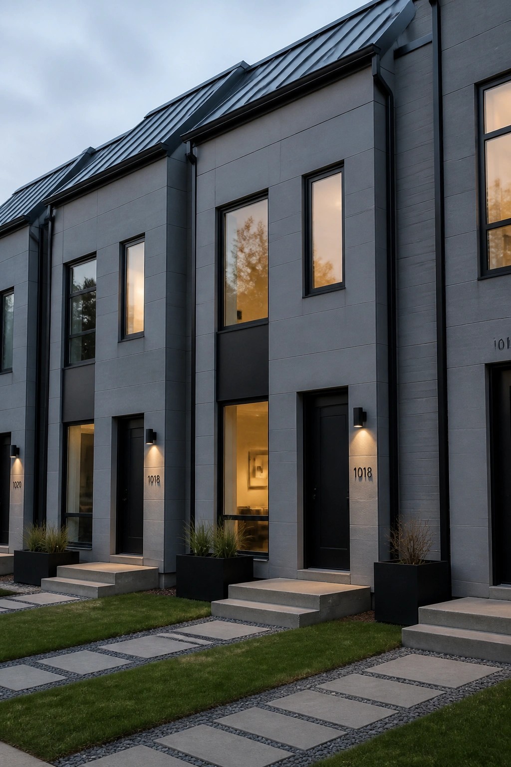Modern gray townhomes with dark metal roofs and black trim.