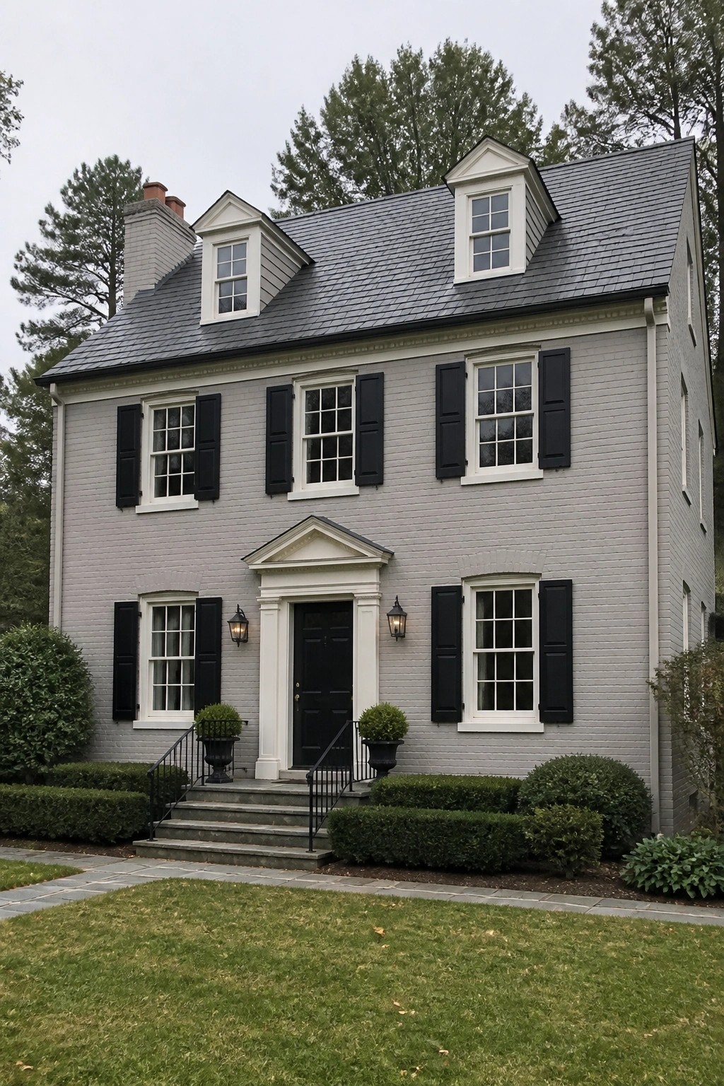 Two-story gray brick colonial house with black shutters, dormers, and landscaped shrubs.