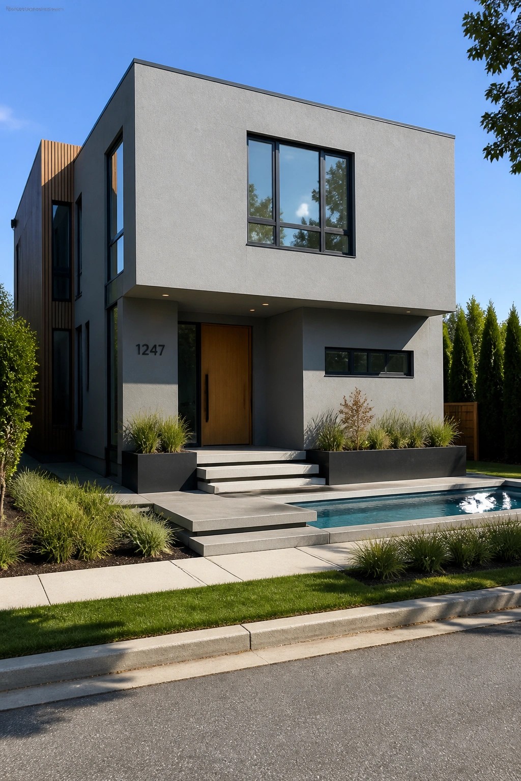 Modern house exterior finished in a soft cool gray with black windows and a wood front door.