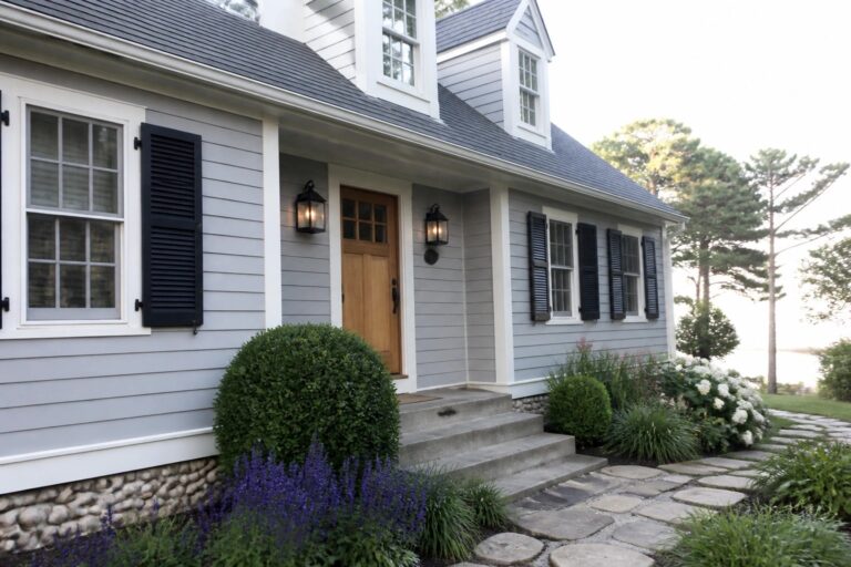 22 Soft Gray Exterior House Colors That Suit Cool-Toned Roofs Gray house with black shutters, white porch, wooden door, garden, and stone path