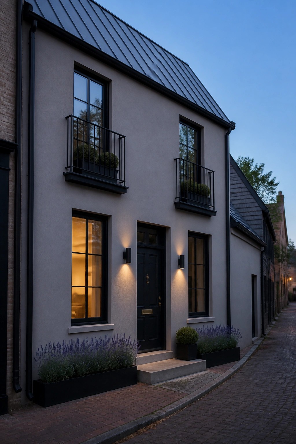 A two-story house with soft gray siding, black windows, and a dark metal roof along a brick street.
