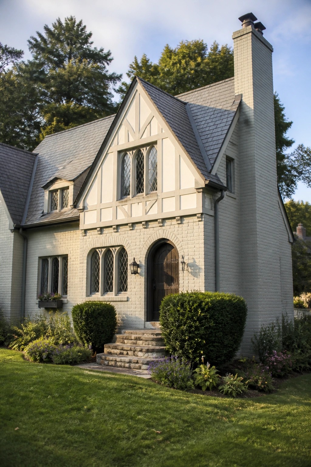 Tudor-style house with white brick, arched door, stone steps, and green shrubs