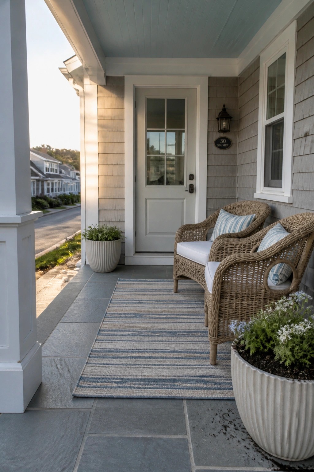 Soft gray shingle siding on a house porch with white trim and a light blue ceiling.