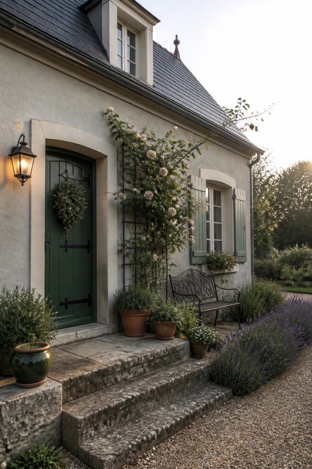 Rustic stone cottage with green door, climbing roses, bench, and lavender garden.