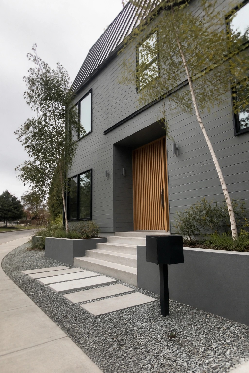 Modern house exterior with soft gray siding and a dark metal roof.