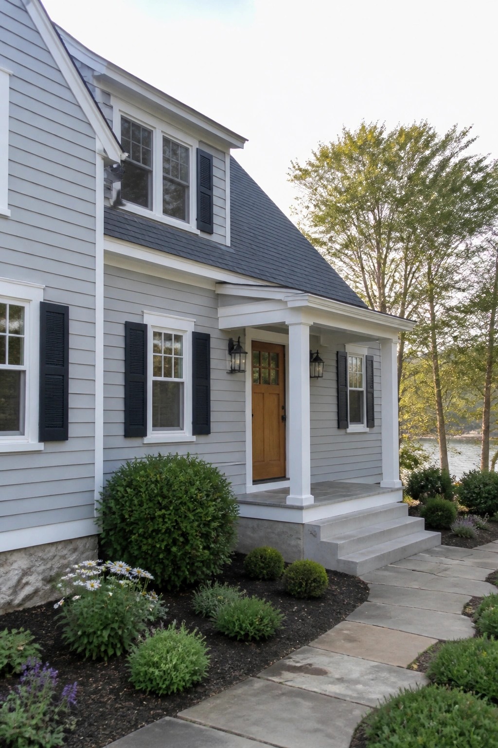 Gray house with black shutters, white porch, wooden door, garden, and stone path