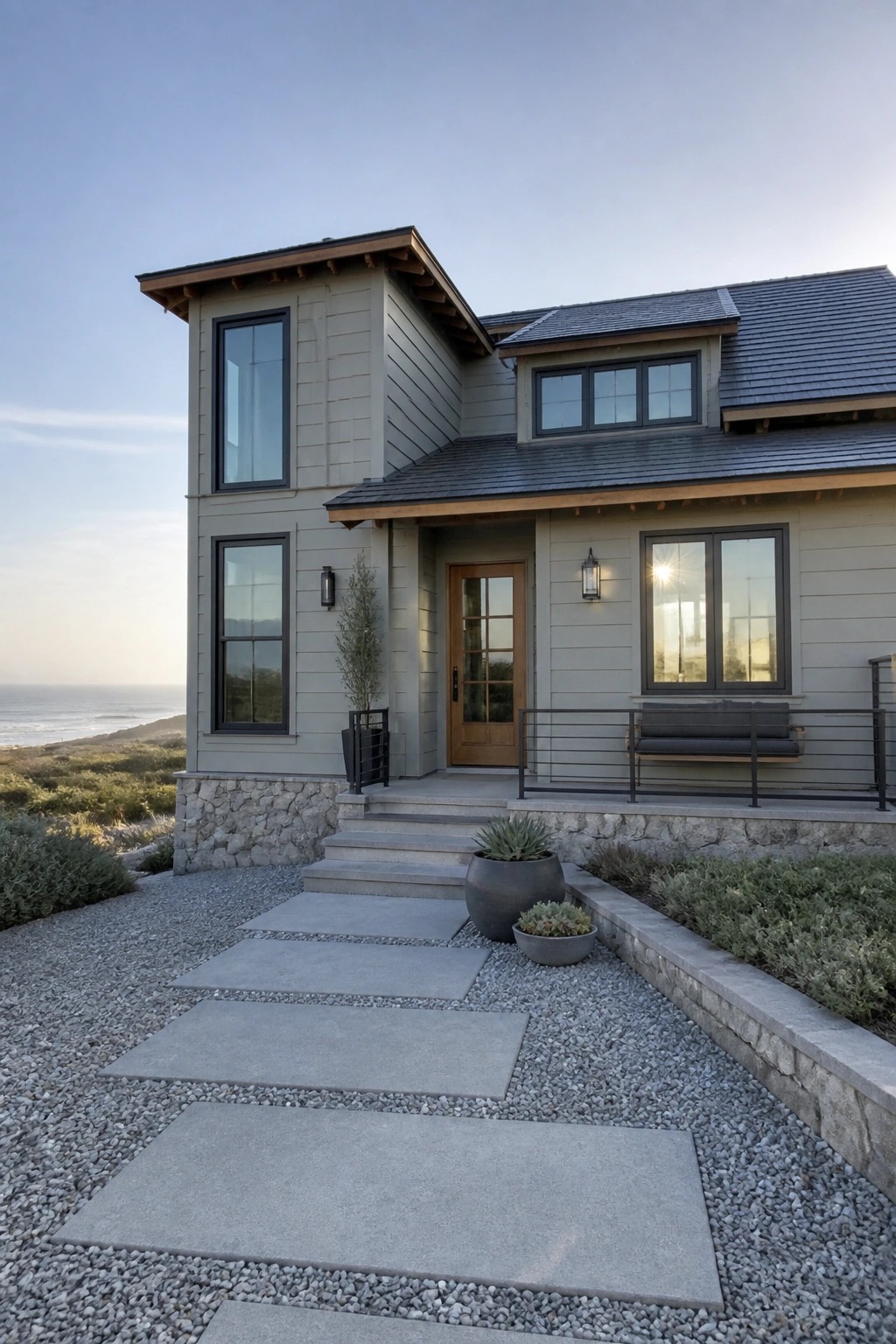 Soft gray siding on a coastal house with a stone foundation and dark roof.
