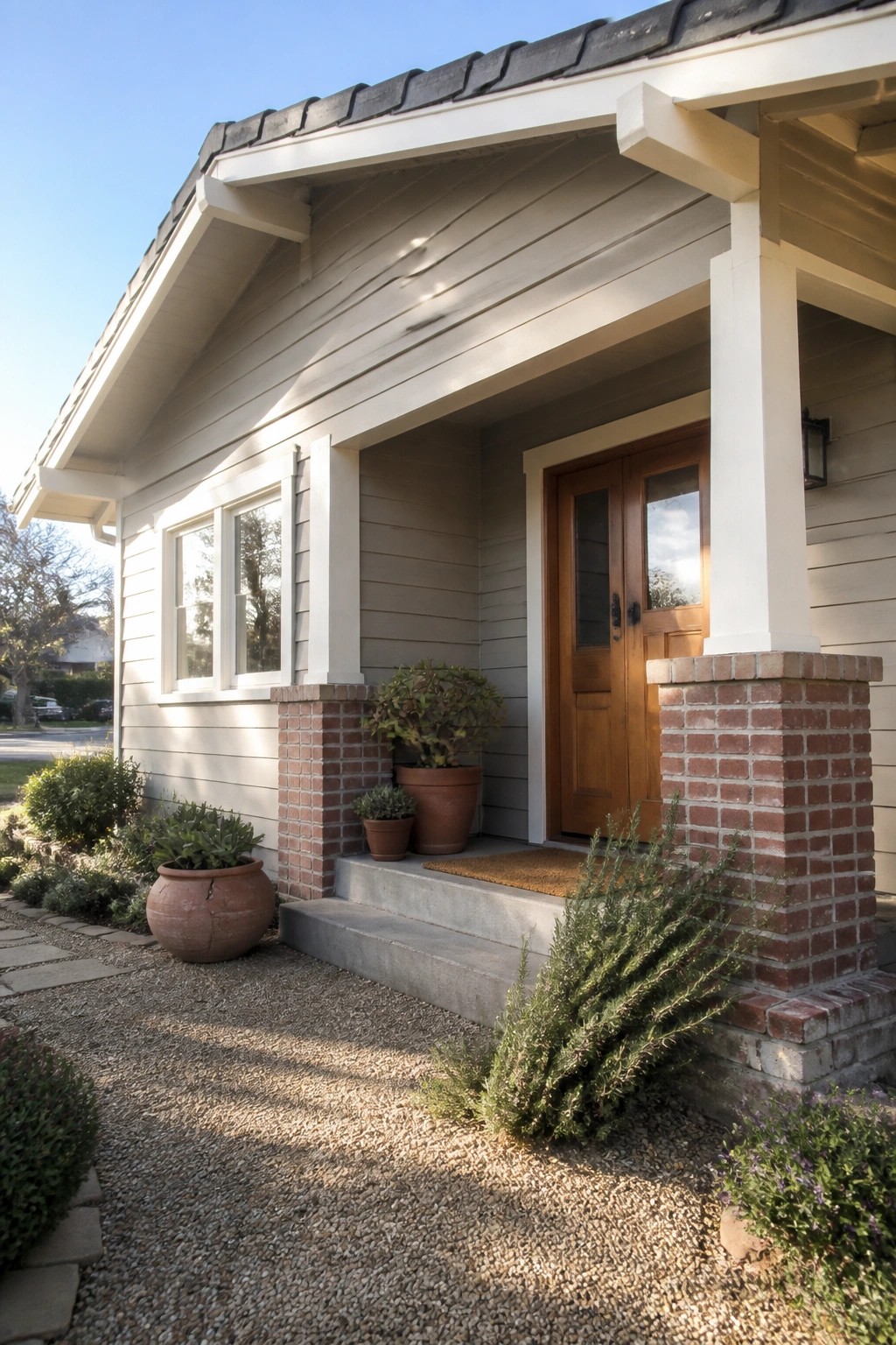 A house exterior painted in soft gray siding with red brick porch columns and white trim.