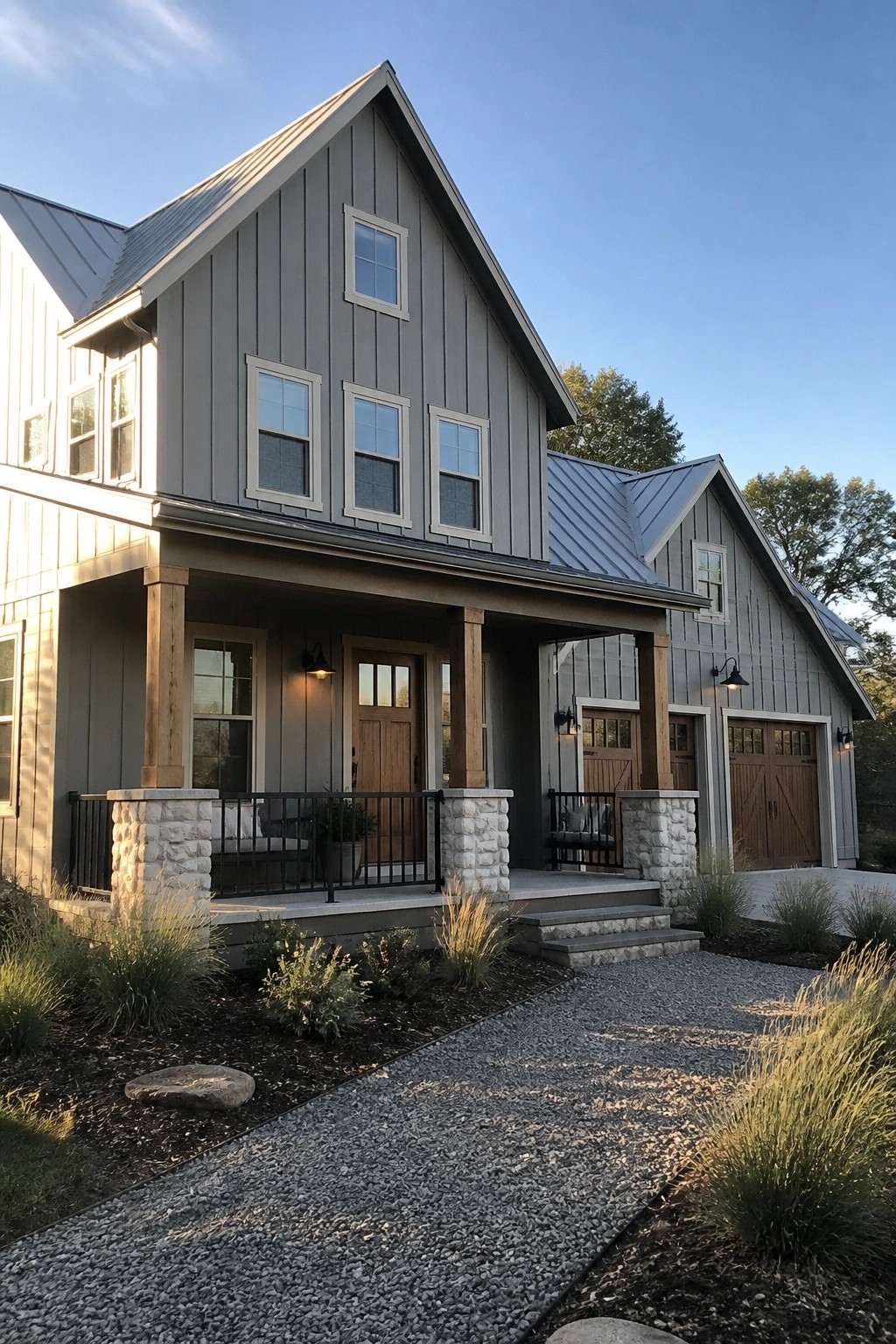 Gray modern farmhouse with metal roof, stone porch pillars, and gravel path