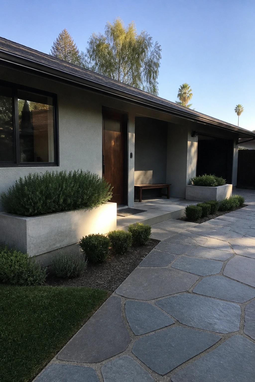 Light gray stucco siding on a modern house exterior next to concrete planters and a stone walkway.