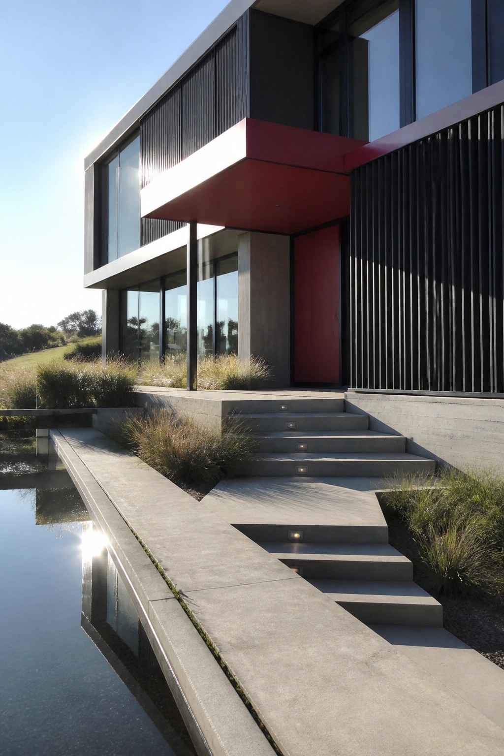 Modern concrete house with red accents, glass windows, stairs, and reflecting pool