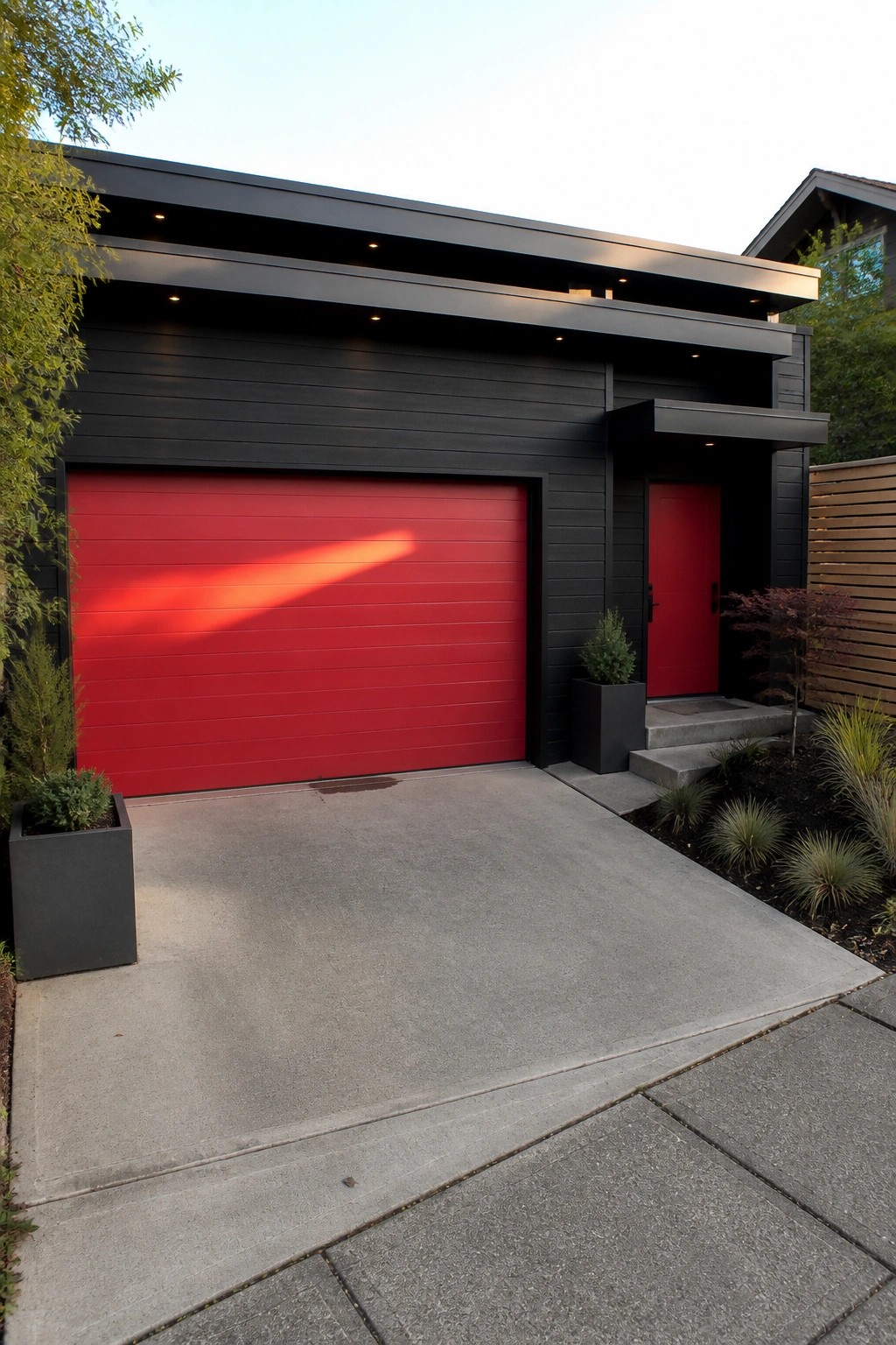 Modern house with black horizontal siding, a large red garage door, a red front door, and a concrete driveway with steps.