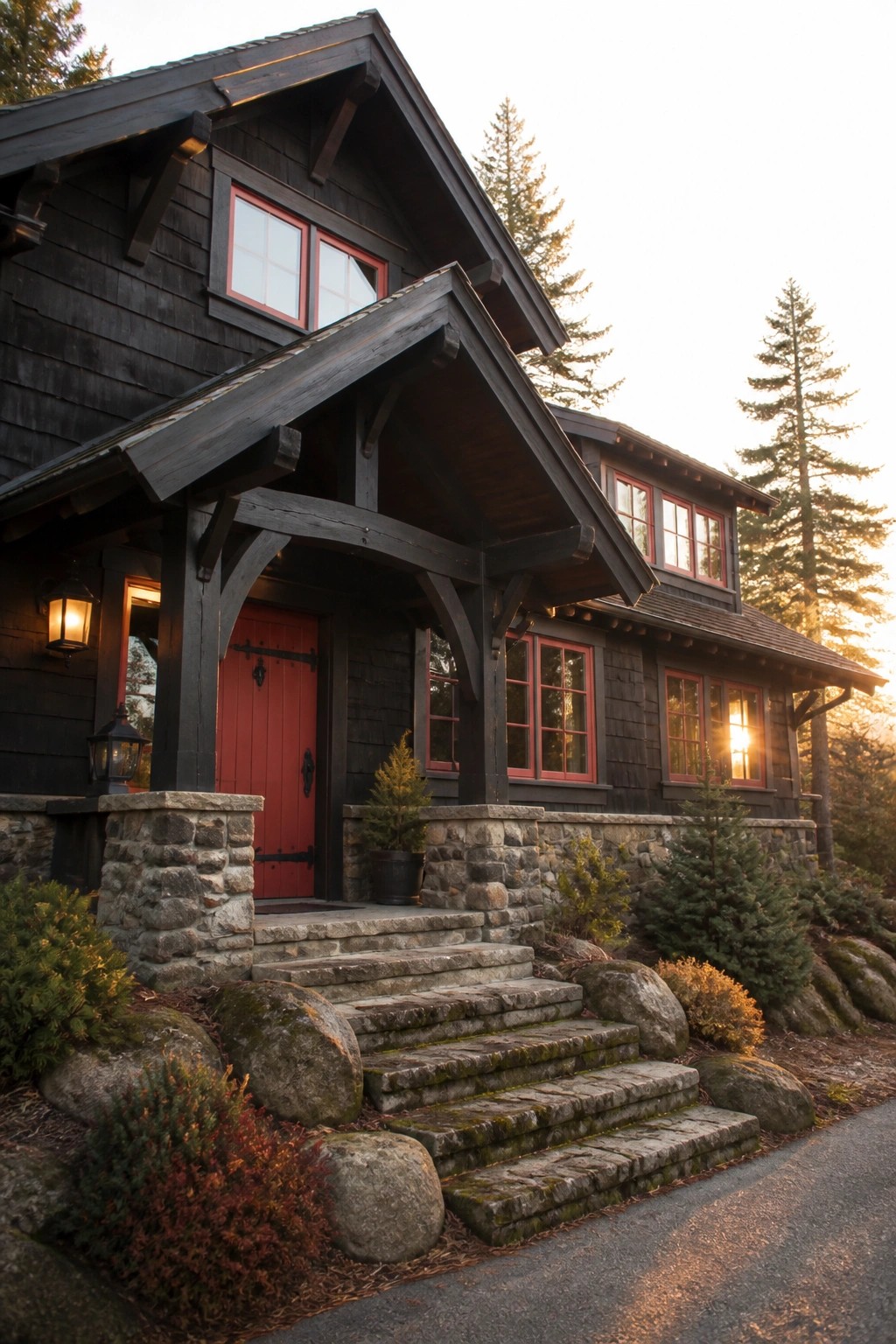 A black wooden house with red-framed windows and a red front door, stone steps and pillars leading to the entry.