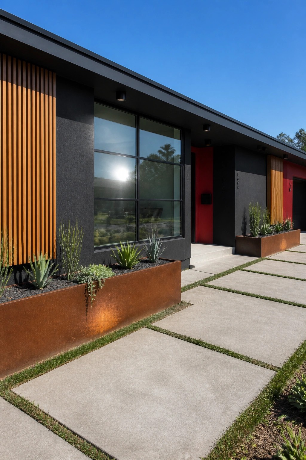 A modern house exterior featuring black siding, a bright red door, large grid windows, vertical wood accents, and rusted metal planters beside a concrete walkway.