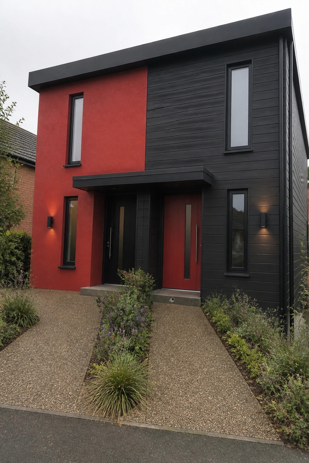 Modern two-story house with red and black facade, vertical windows, and gravel path.