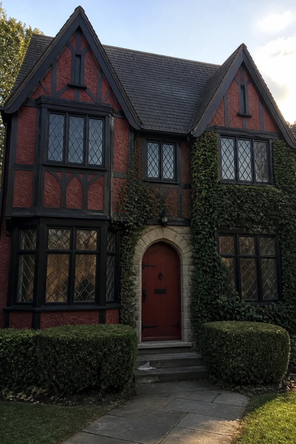 A red Tudor-style house exterior with black timber framing, black windows, a red door, and ivy growing on parts of the facade.