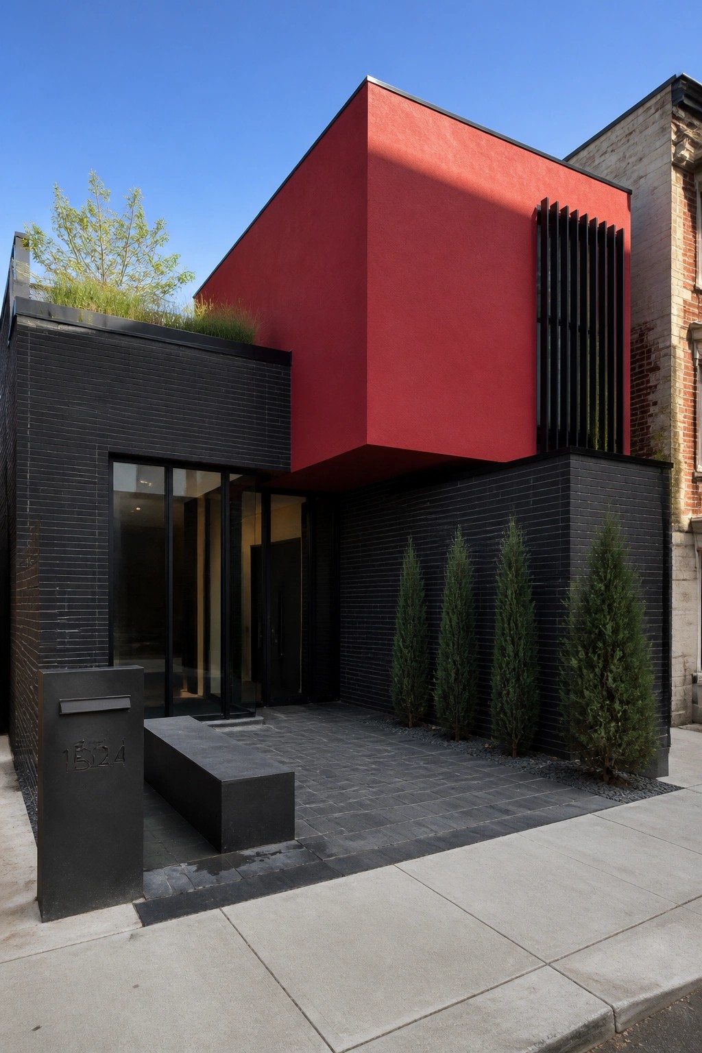 A modern house exterior with a large red upper volume over a black brick base, vertical black slats on the right side, and a paved entry area with small evergreen trees.