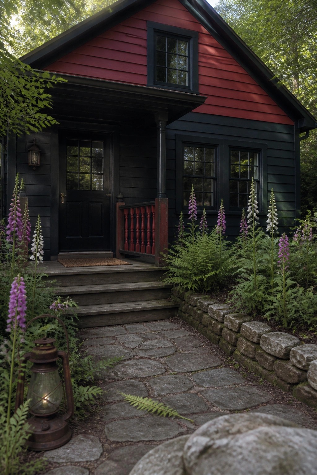 A small house with red upper siding and black lower siding, a black front door, wooden steps, and a stone path lined with purple flowers.