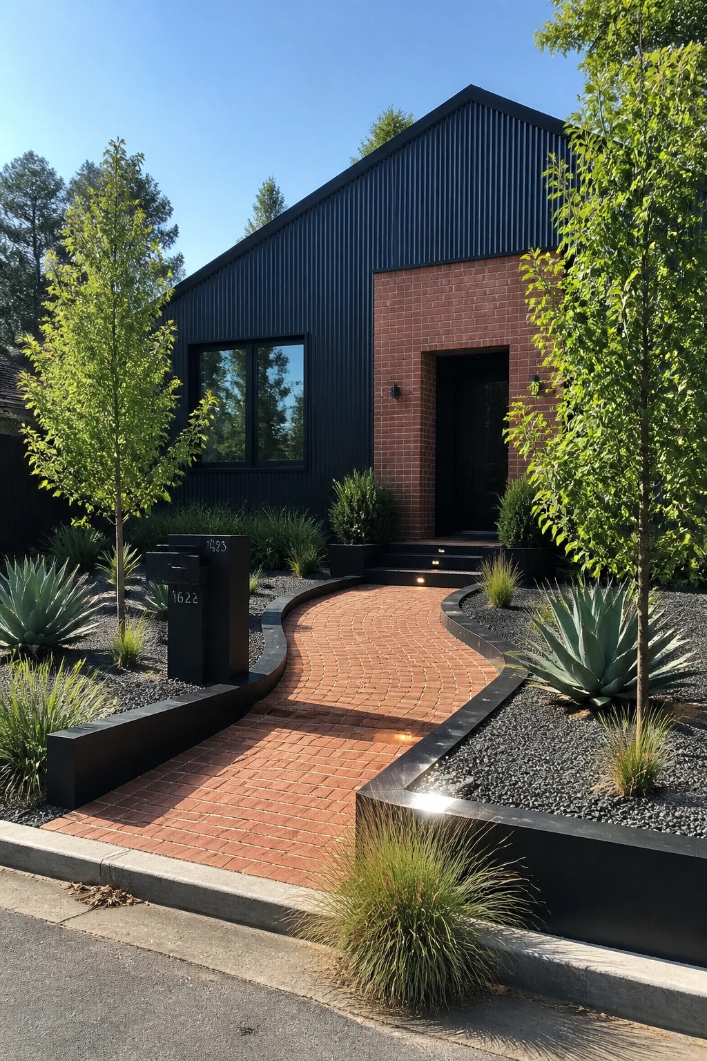 Modern black and red brick house with curved red pathway and garden landscaping