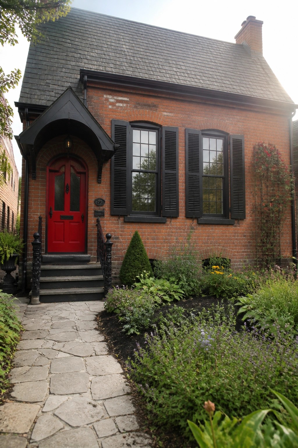 Red brick house with red door, black shutters, stone path, and garden.