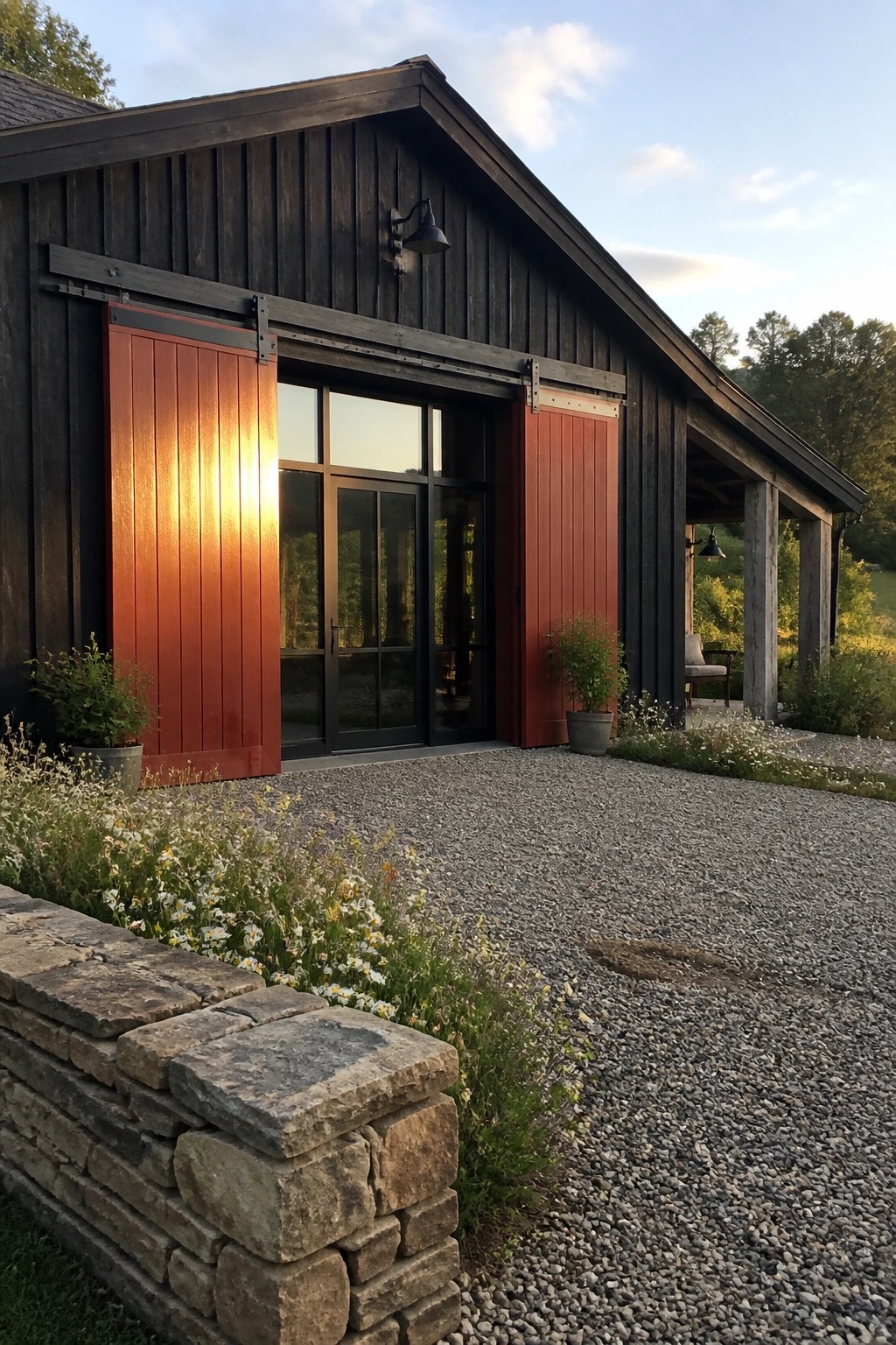 A dark wood house exterior with red sliding barn doors on black hardware, centered glass doors, and a gravel driveway bordered by low stone edging and wildflowers.