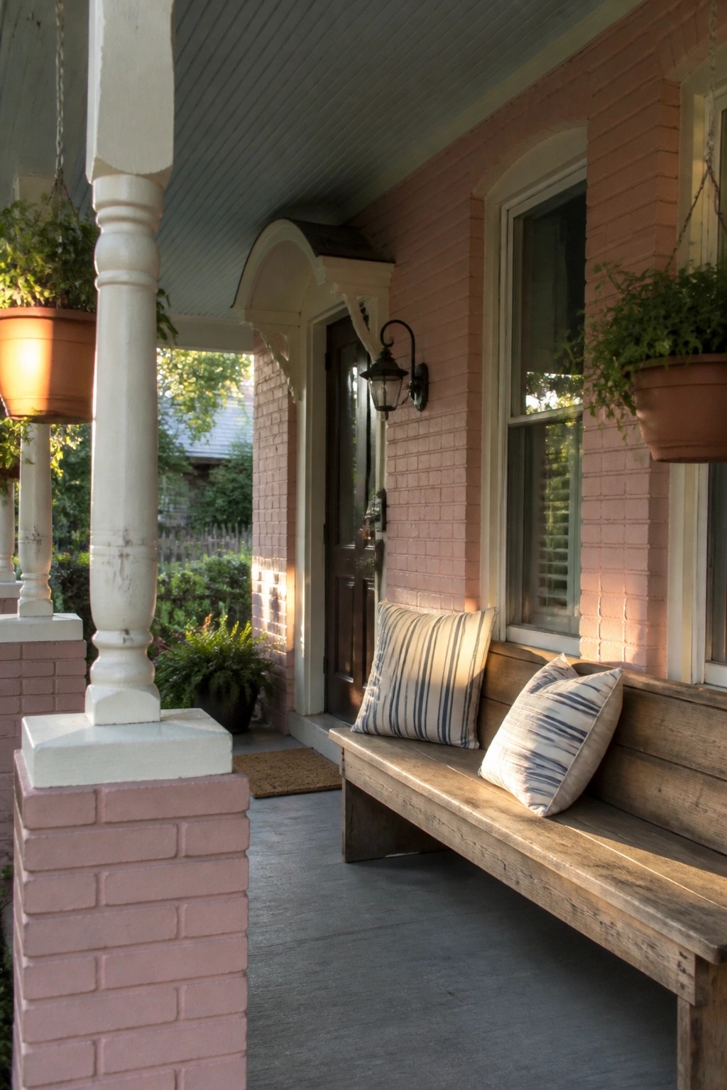 A wooden bench with two striped pillows sits on the porch of a pink brick house next to a window.
