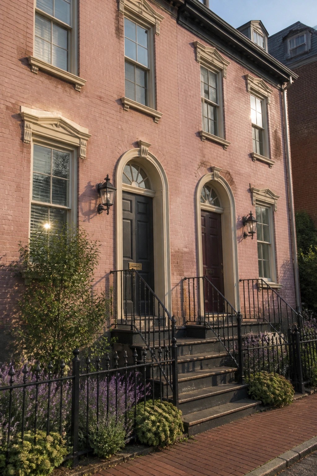 Red brick row house with two arched doorways, black railings, and flowering shrubs