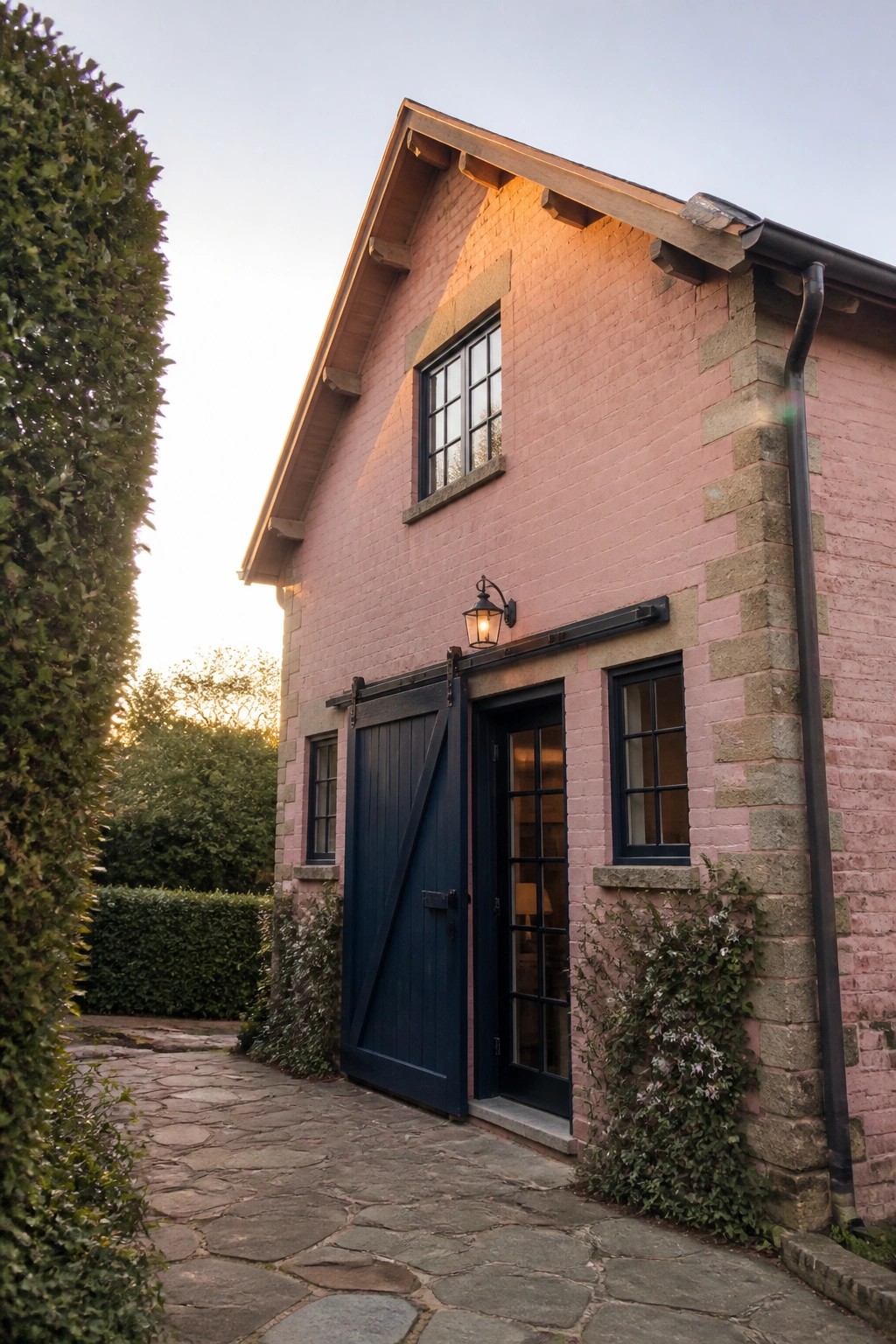 Pink brick house with dark blue doors on cobblestone path amid green bushes