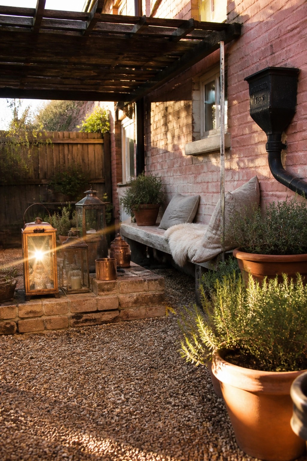 Cozy wooden bench with pillows amid lanterns and potted herbs on gravel patio