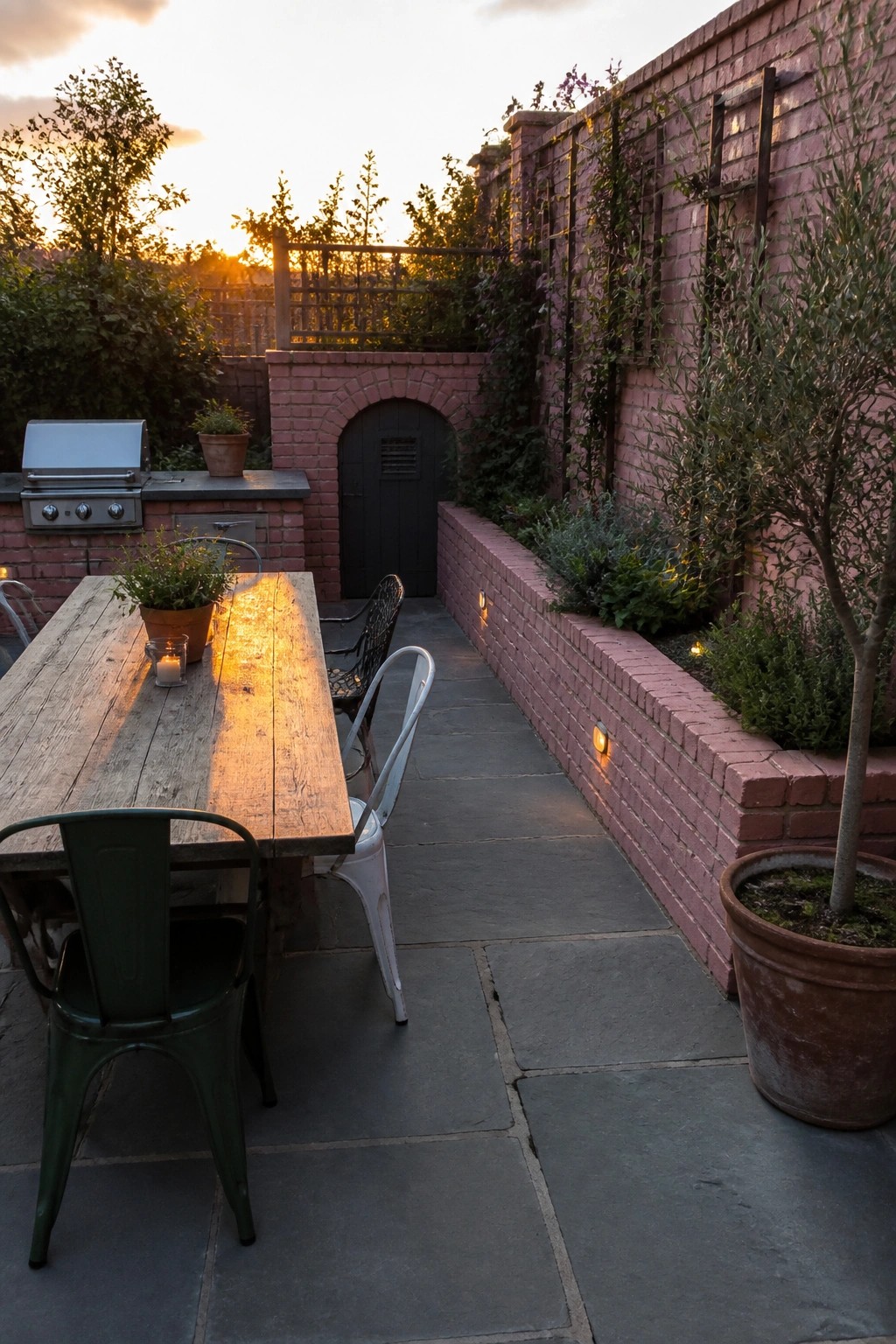 Rustic wooden table with metal chairs on stone patio by pink brick wall at sunset