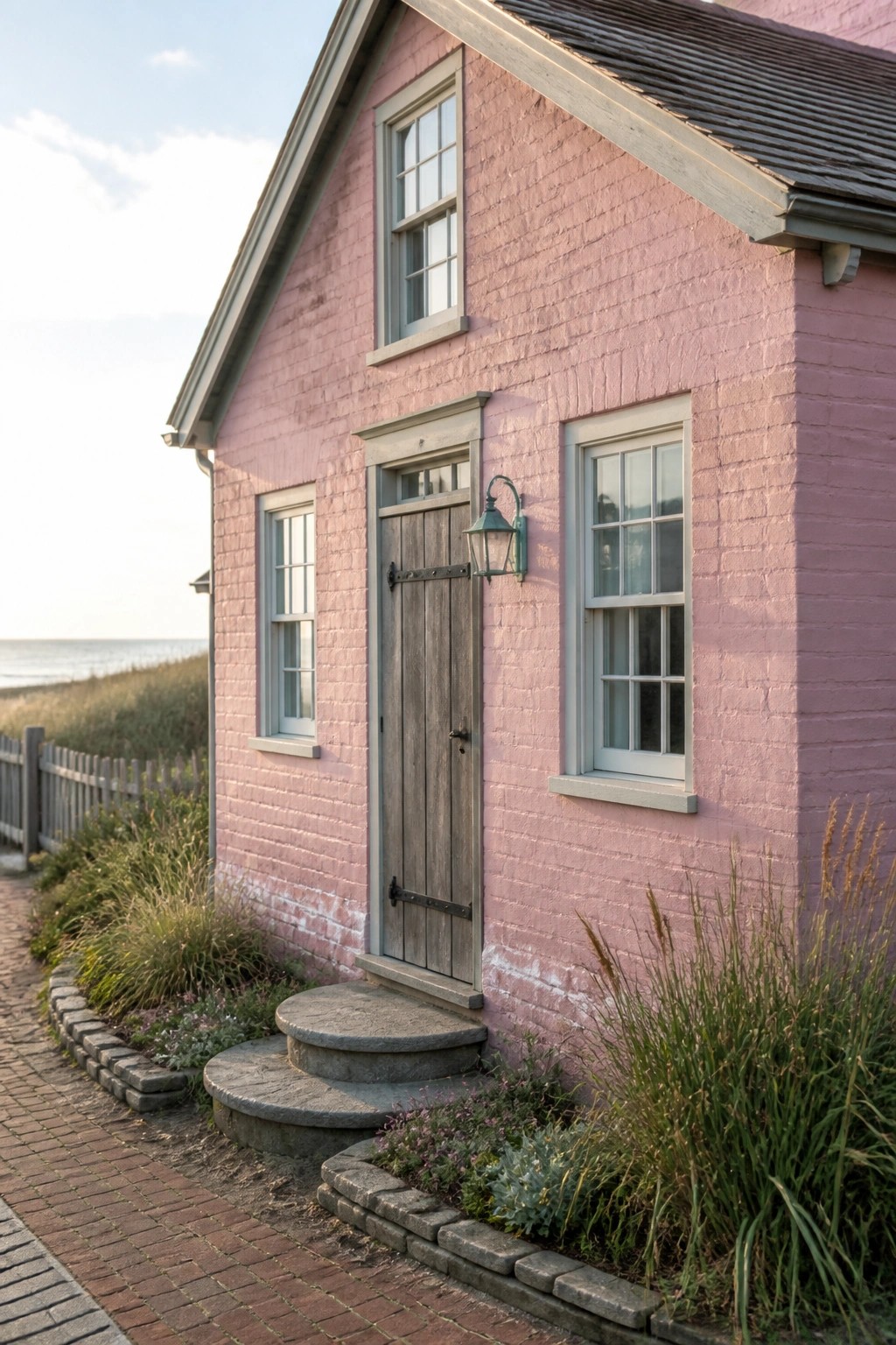 Pink brick cottage with wooden door, stone steps, and ocean view nearby
